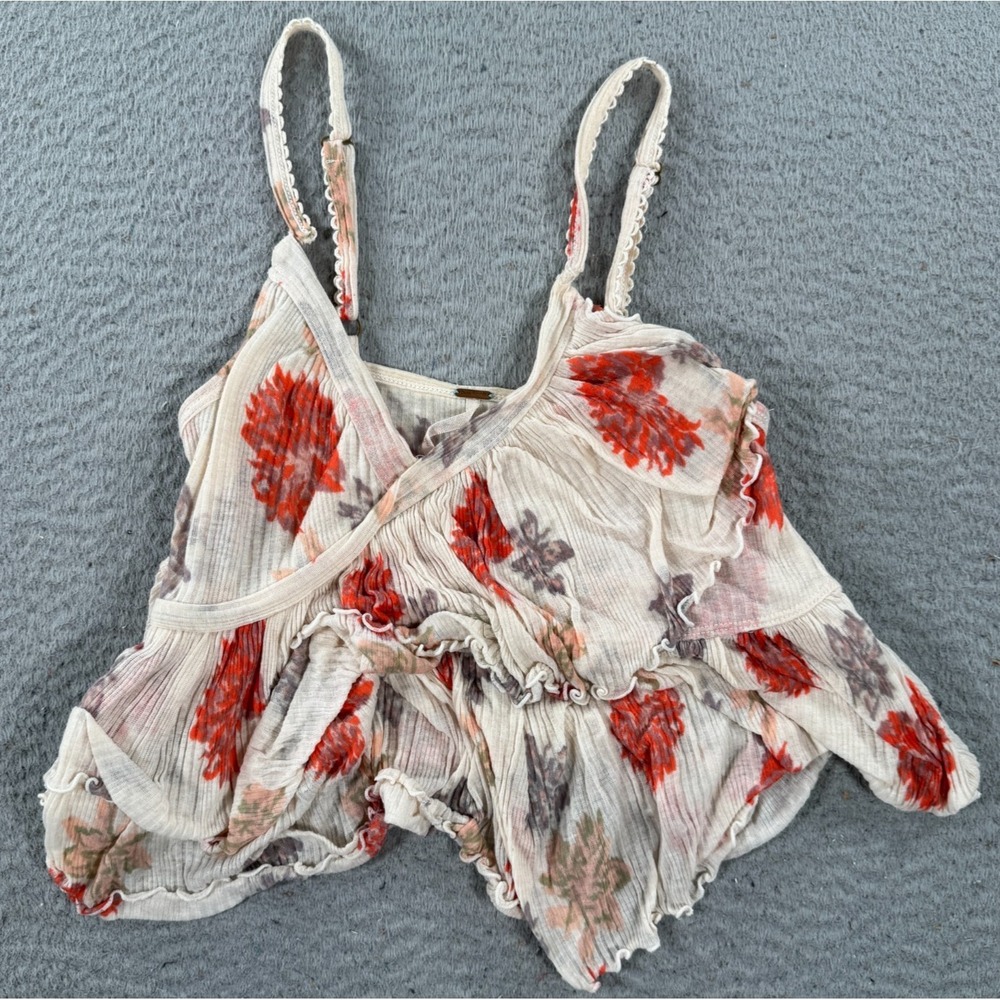 Free People Tank‎ Top Womens XS White Red Ruffle Floral BOHO Sleeveless